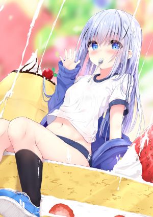 香風智乃,请问您今天要来点兔子吗?,ふぇありぃあい,前发,黑丝,碧眼,青发,脸红,露胸,体操服,kneehighs,长发,长袖,视线正对,露脐,衬衫,坐姿,貧乳,笑顔,single
