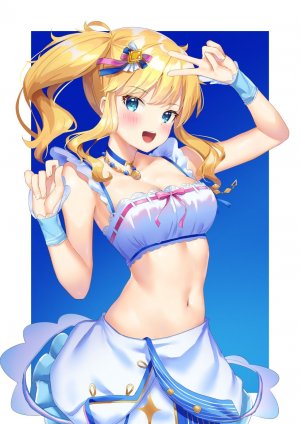 ootsuki_yui,偶像大师,偶像大师:灰姑娘女孩,k_mugura,露肩,金发,碧眼,露胸,项圈,cleavage,长发,视线正对,横乳,露脐,開いた口,短裙,笑顔,single