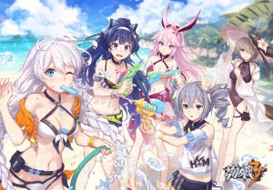 崩坏学园,honkai_impact_3rd,honkai,琪亚娜,八重桜,雷电芽衣,布洛妮娅,长发,脸红,视线正对,開いた口,碧眼,露胸,前发,笑顔,双马尾