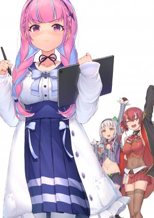 Hololive,黄漫老师,AshiCh.,湊あくあ,宝鐘マリン,紫咲シオン,白背景,青发,脸红,三股辫,露胸,棕色眼,项圈,cleavage,发饰,holding,长发,横乳,迷你短裙,露脐,にゃくあーと,開いた口,粉发,缎带,短裙,貧乳,黑