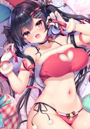 原创,あゆま紗由,露肩,黑发,bra,露胸,项圈,cleavage,发饰,巨乳,长发,视线正对,横臥,露脐,開いた口,胖次,红色眼,缎带,笑顔,single,双马尾,下着