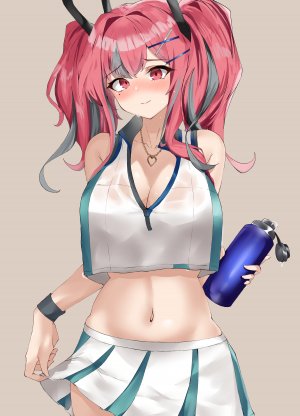 碧蓝航线,ブレマートン,前发,露肩,脸红,露胸,cleavage,发饰,holding,巨乳,长发,视线正对,露脐,粉发,衬衫,短裙,笑顔,single,结发,双马尾,湿身