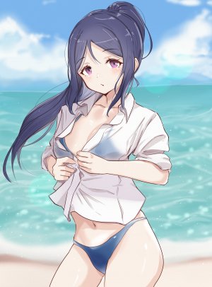 LoveLive!Sunshine!!,松浦果南,anbasa,水着,露胸,cleavage,衬衫,泳装,脱衣