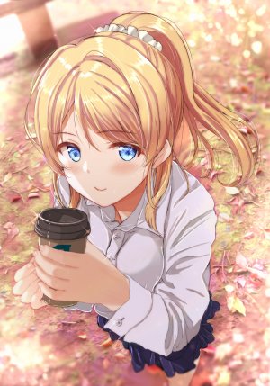 LoveLive!校园偶像计划,绚濑绘里,fushimi_asuha,前发,碧眼,脸红,露胸,项圈,衬衫,holding,leaf,长袖,视线正对,横乳,马尾辫,学校制服,短裙,笑顔,single,结发,制服