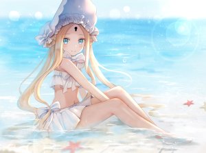 Fate系列,Fate/GrandOrder,阿比盖尔·威廉姆斯,アビゲイル・ウィリアムズ,nasii,single,视线正对,碧眼,金发,笑顔,坐姿,全身,超长发,裸足,少女,泳装