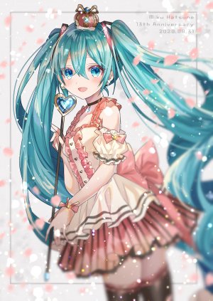 VOCALOID,初音ミク,潮音,single,長身像,脸红,前发,双马尾,超长发,少女,花瓣,项圈