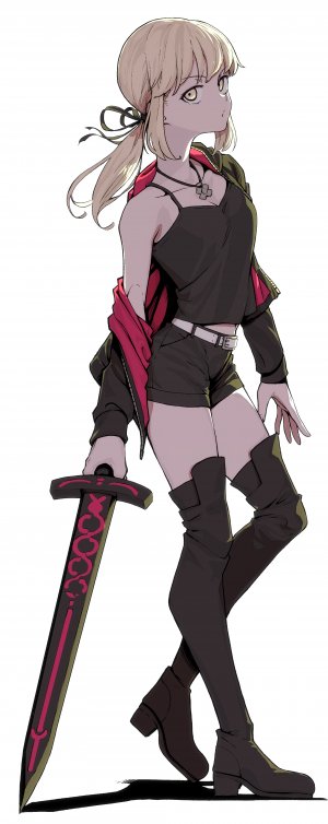 阿尔托莉雅·潘德拉贡,黑化Saber,Fate/GrandOrder,Fate系列,露肩,金发,全身,holding,视线正对,马尾辫,短发,single,剑,黑丝,weapon,白背景,黄色眼