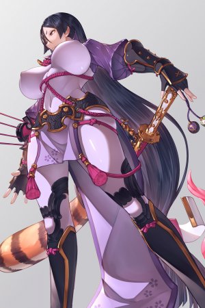 源頼光,Fate/GrandOrder,Fate系列,cero320,装甲,前发,Bodysuit,露胸,手套,holding,武士刀,巨乳,长发,紫色眼,紫发,剑,weapon