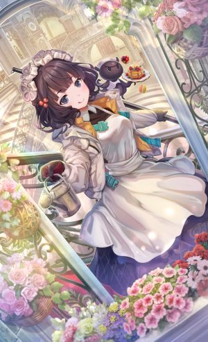 Fate系列,fate/grand_order,葛飾北斎,とと様,とりのあくあ,single,長身像,脸红,视线正对,短发,露胸,前发,笑顔,紫色眼,holding,紫发,女仆