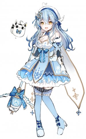 Hololive,雪花ラミィ,白背景,呆毛,兽耳,前发,青发,脸红,露胸,cleavage,连衣裙,精灵,手套,发饰,holding,长发,视线正对,横乳,開いた口,黑丝,黄色眼,Vtuber