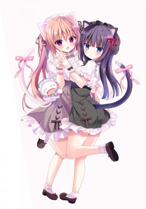 原创,師走ほりお,兽耳,前发,碧眼,露胸,茶发,猫耳,猫娘,猫尾,横乳,紫色眼,紫发,缎带,衬衫,短裙,白背景,白丝