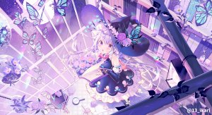 原创,ikari,single,脸红,highres,wide_image,双马尾,紫色眼,紫发,超长发,闪亮,少女