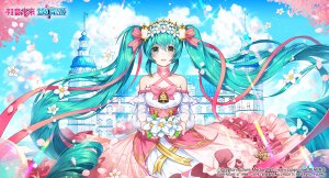 初音ミク,VOCALOID,铃,项圈,连衣裙,绿色眼,长发,花瓣,缎带,天空,双马尾,logo
