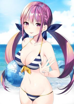 湊あくあ,Hololive,yon,呆毛,海滩,水着,青发,三股辫,露胸,cleavage,holding,巨乳,长发,视线正对,露脐,紫色眼,紫发,缎带,笑顔,single,泳装,双马尾,Vtuber