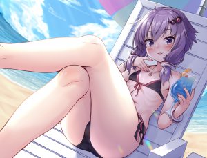 VOCALOID,結月ゆかり,tenneko_yuuri,呆毛,前发,海滩,水着,樱桃,フィッシュ・アイ,发饰,holding,视线正对,露脐,orange,紫色眼,紫发,天空,笑顔,single,泳装,雨伞