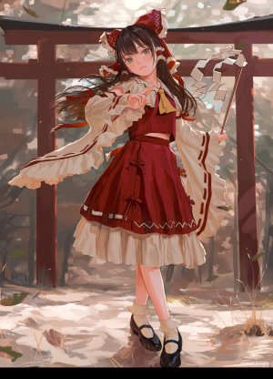 东方Project,博麗霊夢,fkey,长发,single,長身像,脸红,视线正对,前发,茶发,棕色眼,holding,全身,传统服装,和服