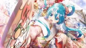 初音ミク,鏡音レン,鏡音リン,KAITO,巡音ルカ,MEIKO,VOCALOID,绿色眼,绿发,和服,长发,双马尾