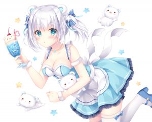 小日向ほしみ,原创,围裙,脸红,露胸,チェリー,cleavage,连衣裙,冰淇淋,黑丝,双马尾,white,白发