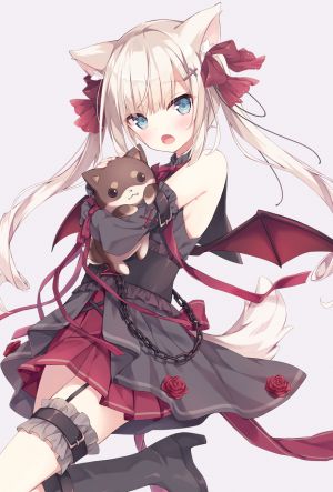 原创,hoshi,长发,single,長身像,脸红,视线正对,開いた口,碧眼,前发,双马尾,露肩,holding,兽耳,银发