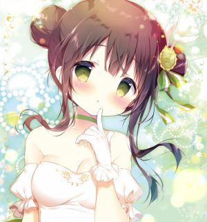 宇治松千夜,请问您今天要来点兔子吗?,しらたま,兽耳,前发,脸红,露胸,茶发,兔耳,项圈,cleavage,双团子头,连衣裙,手套,绿色眼,发饰,长发,缎带,single