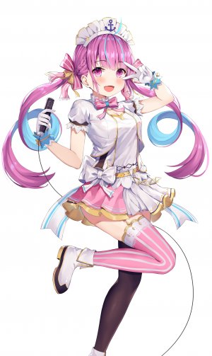 湊あくあ,Hololive,埃策尔,黑丝,青发,脸红,露胸,cleavage,手套,holding,视线正对,横乳,開いた口,紫色眼,紫发,缎带,衬衫,短裙,笑顔,single,双马尾,Vtuber,白背景