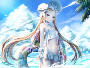 阿比盖尔·威廉姆斯,アビゲイル・ウィリアムズ,Fate/GrandOrder,Fate系列,leehwa,海滩,水着,金发,露胸,长发,视线正对,露脐,天空,貧乳,笑顔,single,闪亮,泳装,双马尾,超长发