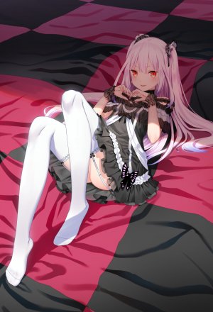 潤羽るしあ,Hololive,yasuyuki,露胸,连衣裙,全身,哥特式洛丽塔,萝裙,长发,视线正对,横臥,開いた口,粉发,红色眼,缎带,貧乳,笑顔,黑丝,双马尾,Vtuber,白丝