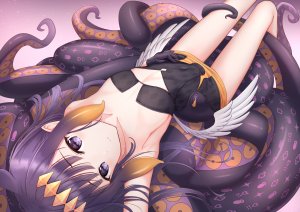 marinesnow,Hololive,连衣裙,平胸,手套,长发,紫色眼,紫发,触手,翅膀,gradient