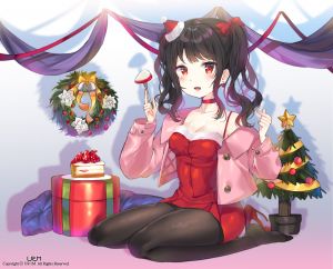 ゆーりん,原创,黑发,露胸,项圈,cleavage,连衣裙,黑丝,红色眼,短发,草莓,双马尾,圣诞节,watermark
