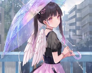 フカヒレ,原创,黑发,项圈,rain,短裙,双马尾,雨伞,翅膀,cropped,waifu2x