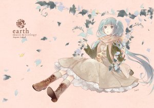 初音ミク,VOCALOID,堀泉インコ,前发,碧眼,青发,连衣裙,leaf,长发,长袖,single,双马尾