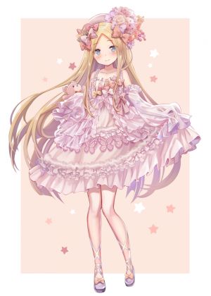 Fate系列,fate/grand_order,阿比盖尔·威廉姆斯,とりのあくあ,长发,single,長身像,脸红,视线正对,碧眼,露胸,前发,金发,笑顔,露肩,holding,全身