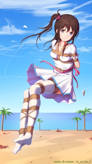 原创,tokinohimitsu,长发,single,長身像,脸红,视线正对,前发,露胸,碧眼,笑顔,茶发,天空,全身