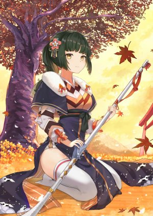 FoodFantasy,mosta,sushi,前发,露胸,绿发,发饰,holding,和服,リーフ,长发,长袖,视线正对,坐姿,sky,single,黑丝,白丝,黄色眼