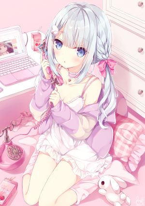 原创,hoshi,前发,碧眼,脸红,三股辫,露胸,项圈,cleavage,连衣裙,holding,kneehighs,长发,长袖,视线正对,胖次,银发,坐姿,貧乳,single,双马尾,下着,白丝