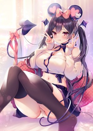原创,あゆま紗由,兽耳,露肩,黑发,露胸,项圈,cleavage,巨乳,长发,长袖,视线正对,迷你短裙,露脐,胖次,红色眼,坐姿,短裙,笑顔,single,黑丝,双马尾,下着