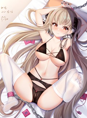 フォーミダブル,碧蓝航线,miaoguujuun_qvq,前发,露肩,金发,脸红,捆绑play,bra,露胸,锁链,cleavage,巨乳,lingerie,长发,视线正对,横臥,胖次,红色眼,缎带,single,黑丝,双马尾,下着,白丝