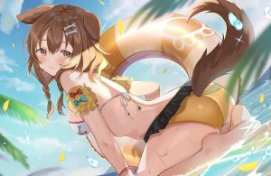 Hololive,戌神ころね,satoupote,兽耳,前发,水着,脸红,三股辫,露胸,棕色眼,茶发,犬娘,发饰,长发,视线正对,坐姿,笑顔,single,泳装,结发,Vtuber