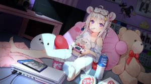 原创,agnamore,长发,single,脸红,前发,wide_image,坐姿,粉发,holding,兽耳,呆毛,裸足