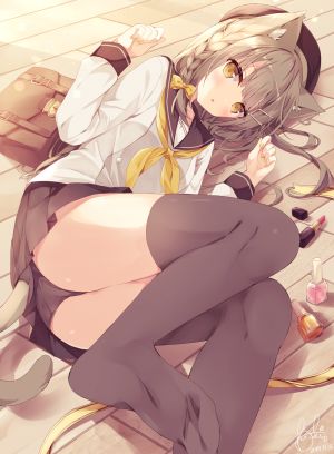 原创,hoshi,single,長身像,脸红,视线正对,短发,開いた口,前发,黄色眼,兽耳,横臥