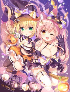 chocomint,马卡龙,原创,あめとゆき,兽耳,露肩,金发,三股辫,露胸,猫耳,猫娘,猫尾,项圈,cleavage,長手袋,手套,绿色眼,发饰,万圣节,holding,巨乳,长发,视线正对,迷你短裙,露脐,開いた口,粉发,衬衫,短裙