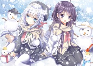 響,アカツキ,verniy,艦隊これくしょん,aruka,黑丝,碧眼,脸红,长发,開いた口,紫色眼,紫发,银发,短裙,笑顔,雪花,白丝