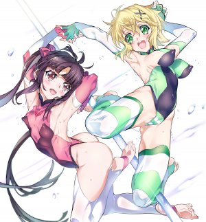 战姬绝唱SYMPHOGEAR,晓切歌,月读调,ニコ,前发,裸足,黑发,直刘海,脸红,露胸,cameltoe,長手袋,erect_nipples,手套,绿色眼,发饰,长发,横乳,nipples,開いた口,短发,笑顔,结发,双马尾,百合