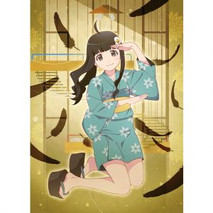 阿良々木月火,monogatari,渡辺明夫,呆毛,前发,黑发,羽毛,发饰,和服,物语系列,坐姿,笑顔,single,浴衣