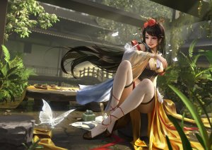 sanguosha,rui_li,长发,single,highres,碧眼,黑发,笑顔,坐姿,风