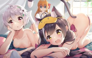 可可萝,公主连结!,超異域公主連結,chintora0201,呆毛,兽耳,前发,露肩,水着,黑发,碧眼,脸红,三股辫,露胸,猫耳,猫娘,猫尾,绿色眼,发饰,holding,长发,视线正对,横臥,横乳,nipples,nude,開いた口,尖耳,缎带