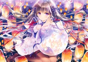 馆川まこ,原创,黑发,露胸,蝴蝶,长发,黑丝,紫色眼,缎带,学校制服,cropped,scan