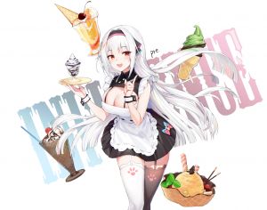 围裙,露胸,cleavage,冰淇淋,长发,女仆,Stockings,white,白发,signed