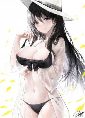 haori_iori,水着,breast_hold,露胸,nipples,泳装,脱衣