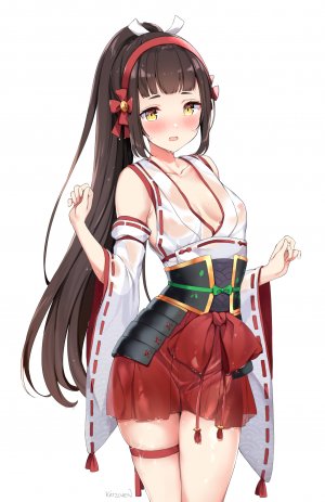 epic7,kaetzchen,装甲,前发,露肩,脸红,露胸,茶发,cleavage,和服,长发,长袖,视线正对,巫女,迷你短裙,オビ,開いた口,马尾辫,缎带,短裙,貧乳,single,超长发,湿身,黄色眼